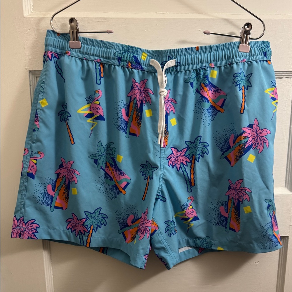 Playful Pink Flamingo Blue Swim Trunks
